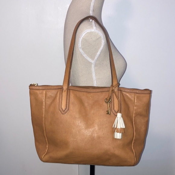 Fossil Handbags - Fossil Sydney Camel Brown Leather Shoulder Tote Bag Large Shopper